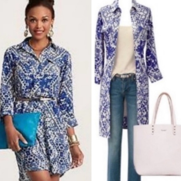 CAbi blue Jewel print button up shirt dress style # 422 roll tab sleeves… - Picture 1 of 11
